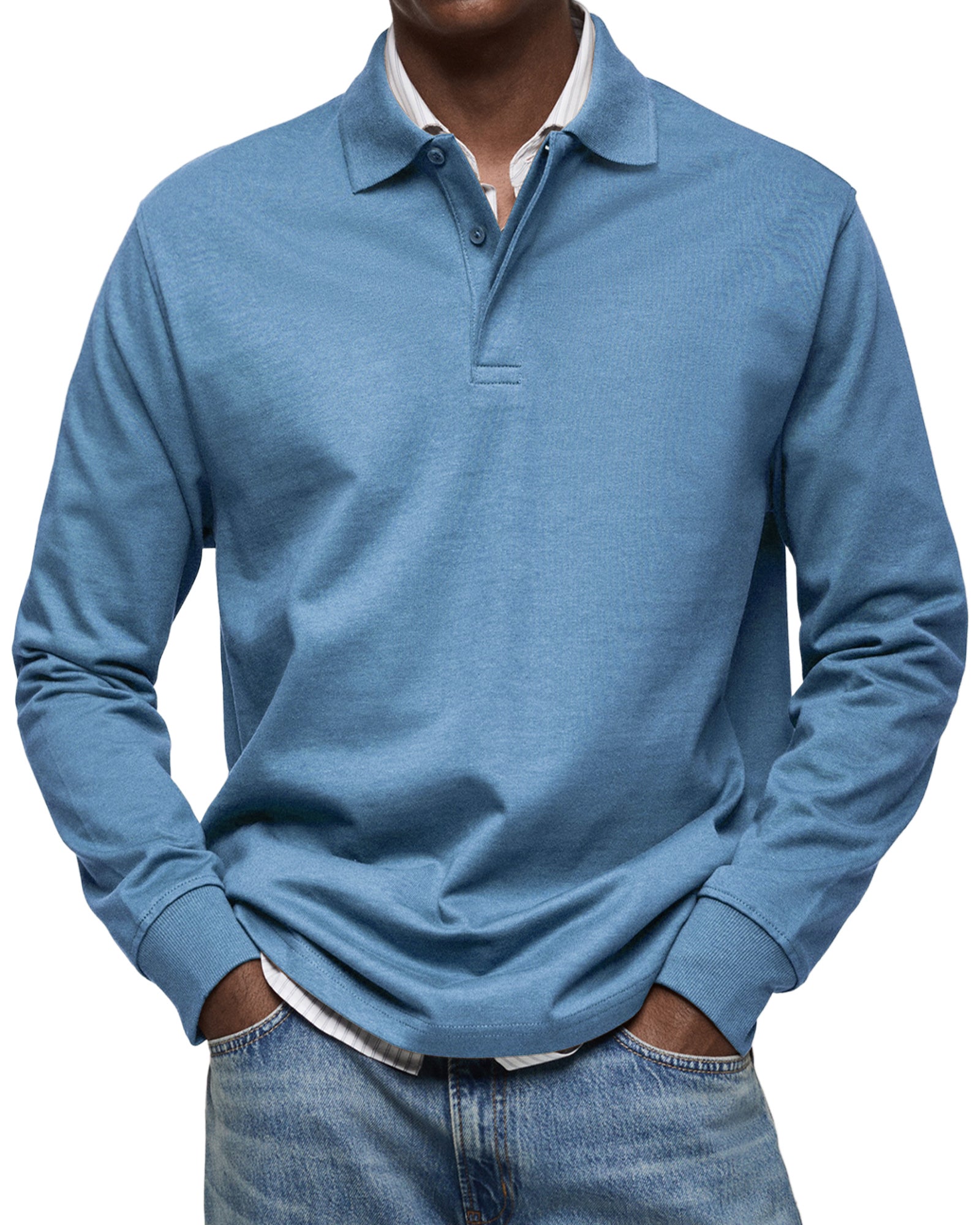 Long Sleeve Polo Shirt Smart Casual Button Collar Cuffed Hem