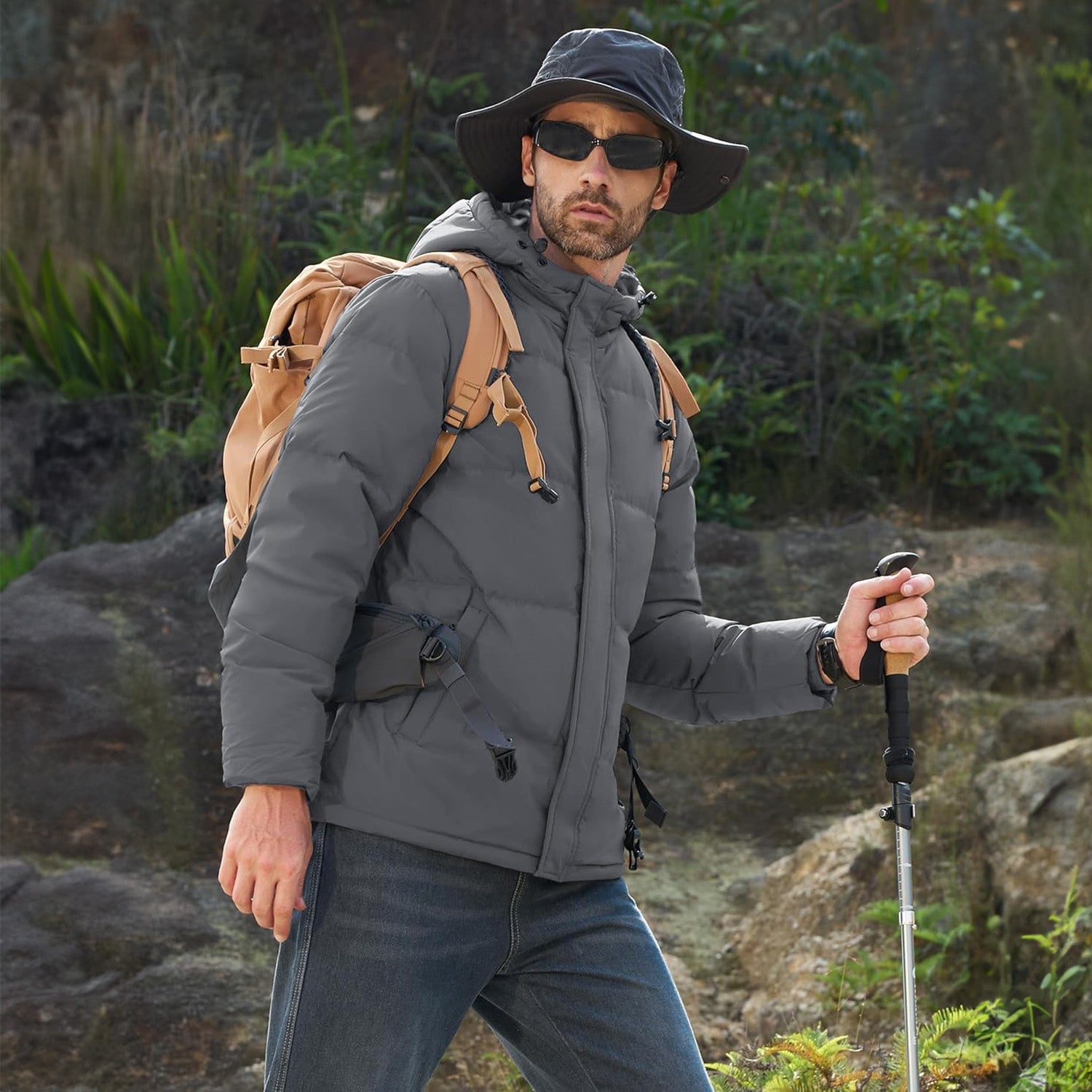 Hooded Puffer Jacket Mens Down Insulated Polyester Shell