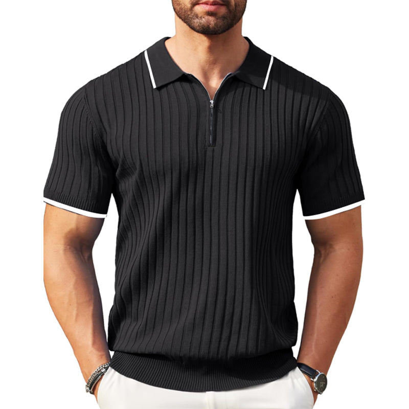 Zip Polo Mens Ribbed Short Sleeve Contrast Trim Cotton