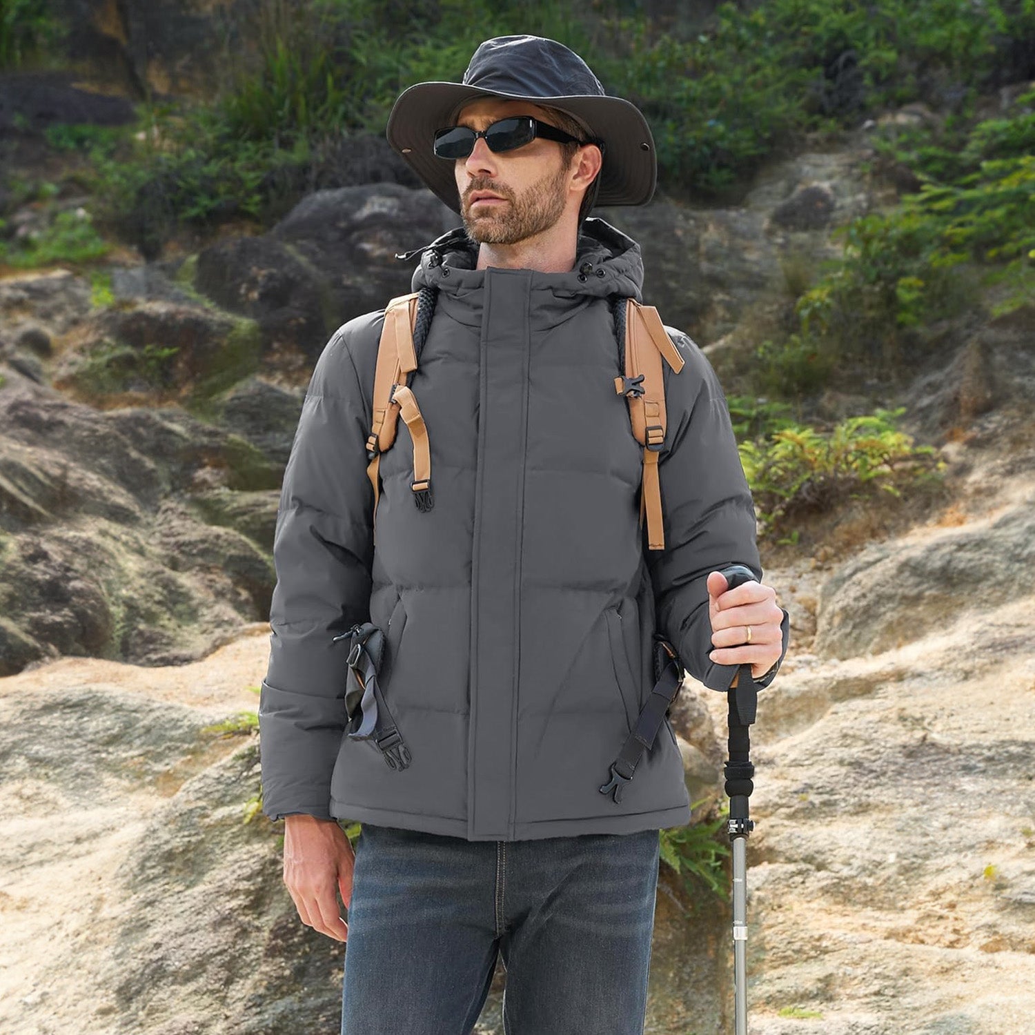 Hooded Puffer Jacket Mens Down Insulated Polyester Shell