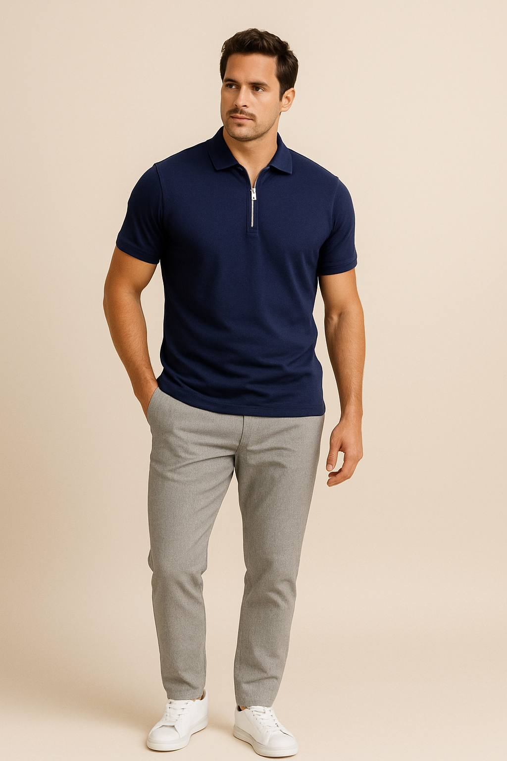 Slim Fit Polo Smart Casual Zip Collar Breathable Cotton