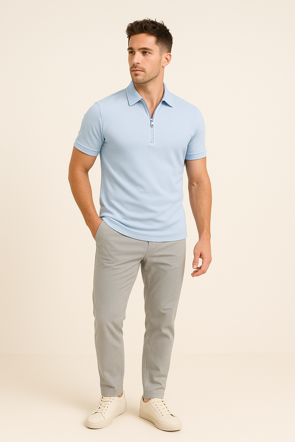Slim Fit Polo Smart Casual Zip Collar Breathable Cotton