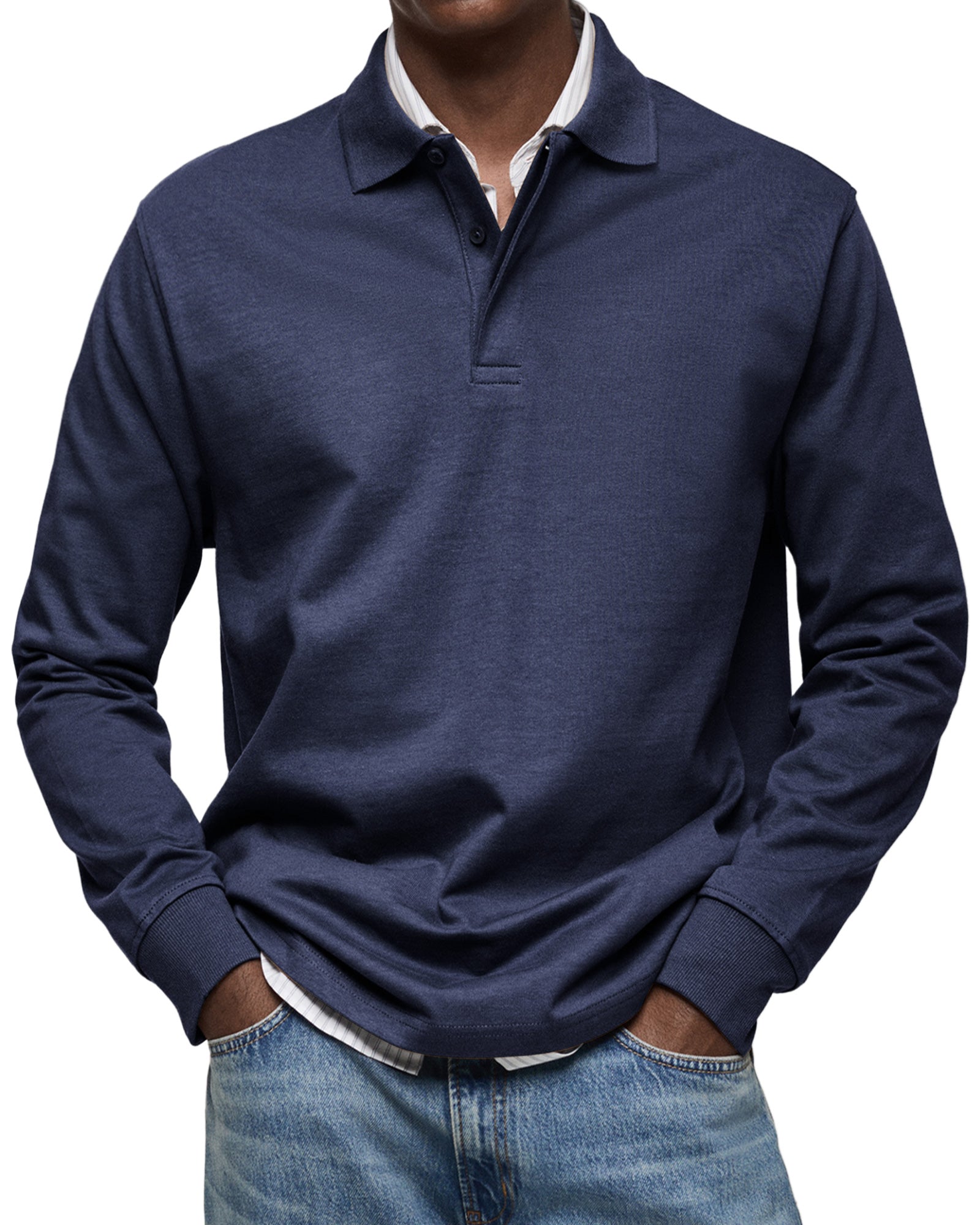 Long Sleeve Polo Shirt Smart Casual Button Collar Cuffed Hem