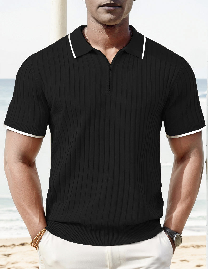 Zip Polo Mens Ribbed Short Sleeve Contrast Trim Cotton