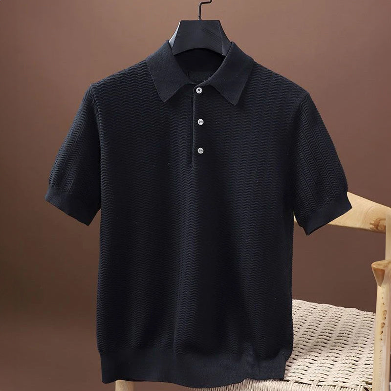 Polo Shirt Textured Knit Short Sleeve Smart Casual Cotton