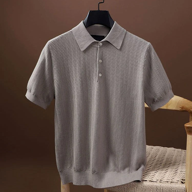 Polo Shirt Textured Knit Short Sleeve Smart Casual Cotton