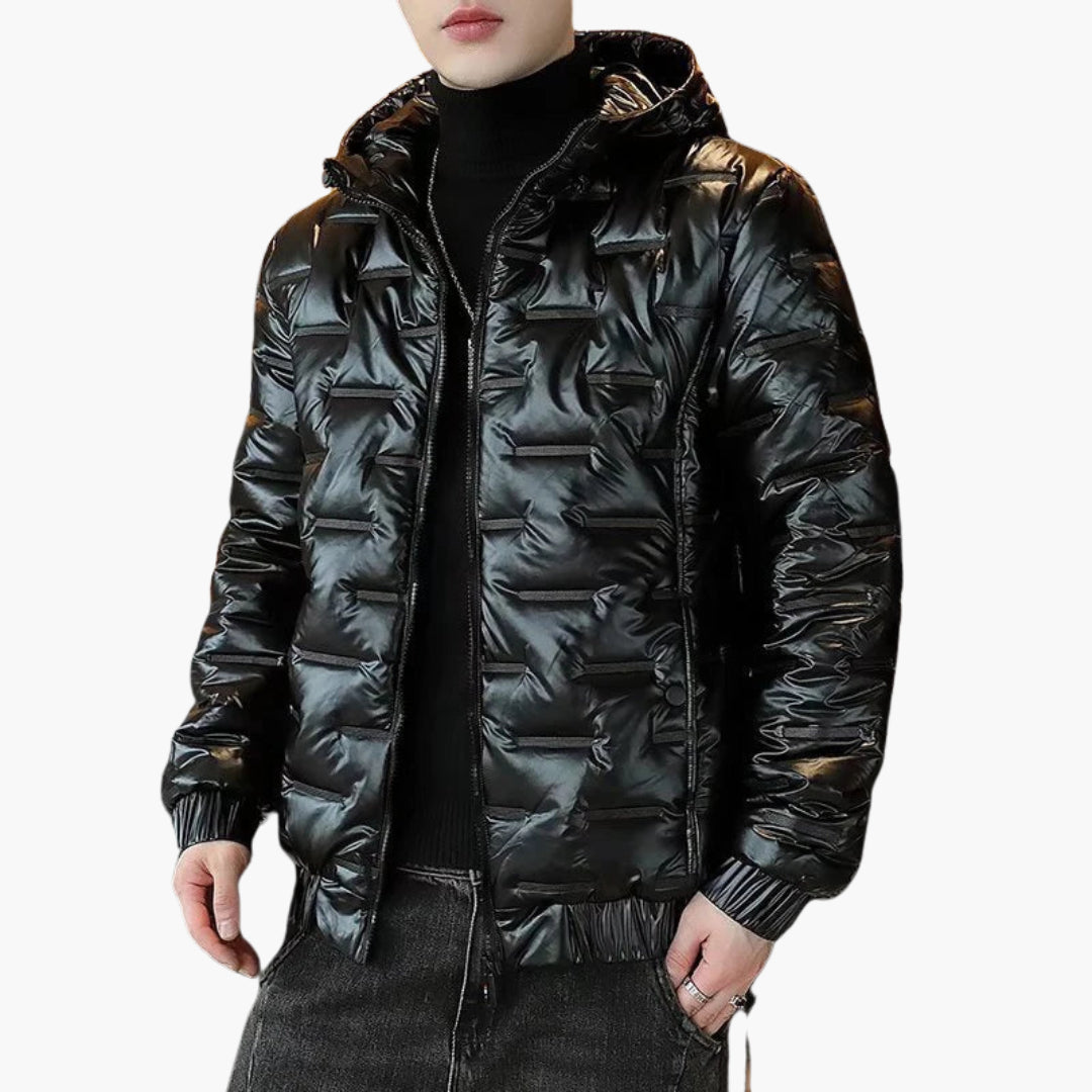 Mens Puffer Jacket Hooded Zip Ribbed Cuffs Everyday Warmth