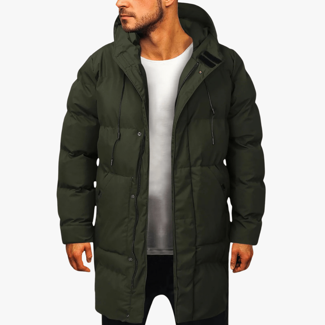 Long Puffer Jacket Mens Tailored Fit Hooded Insulated