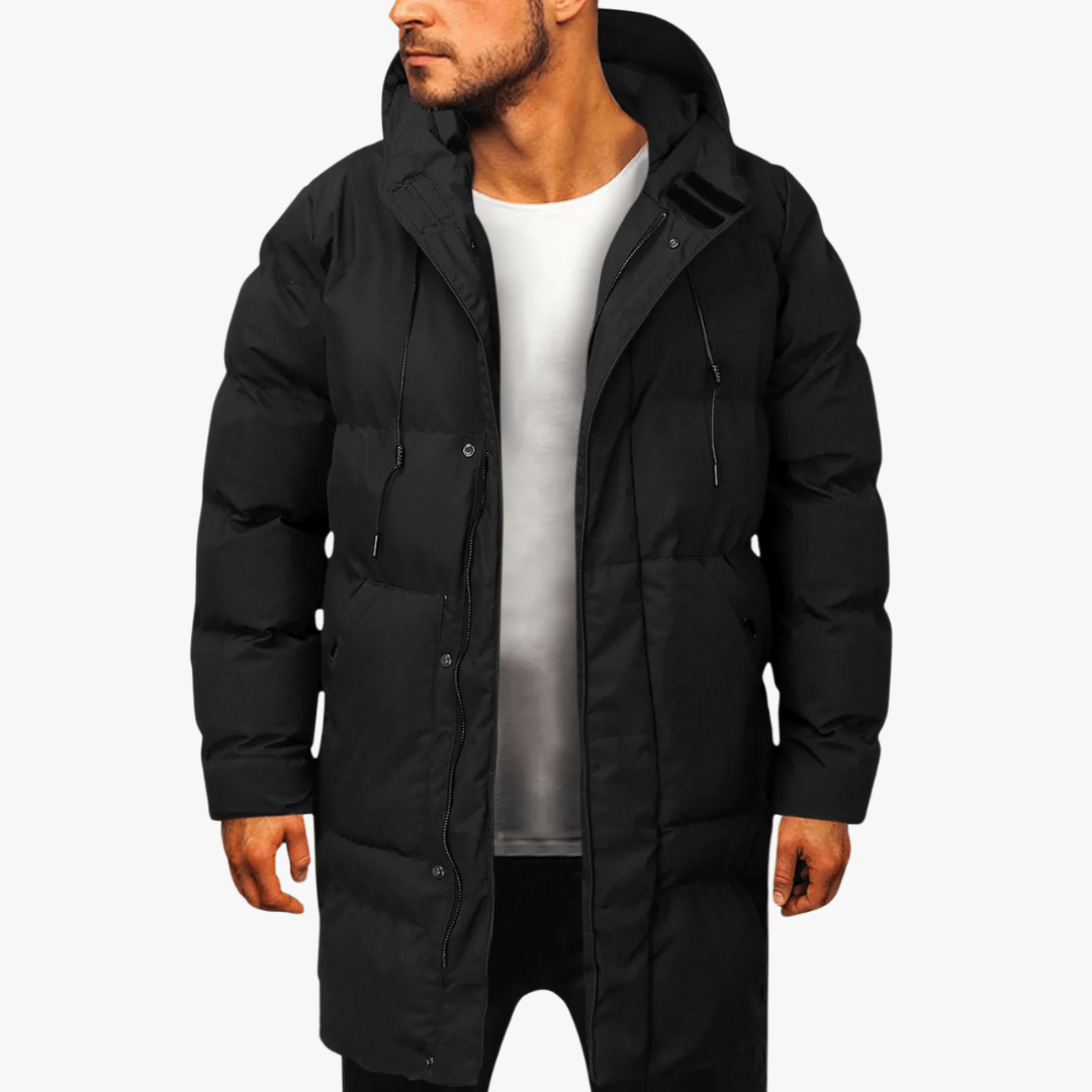 Long Puffer Jacket Mens Tailored Fit Hooded Insulated