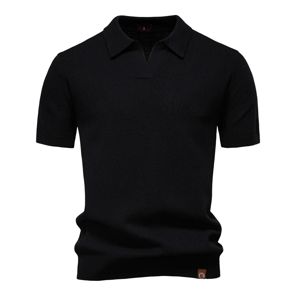 Mens Knit Polo Regular Fit Textured V Slit Collar Cotton