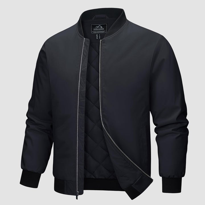 Bomber Jacket Mens Quilted Windproof Zip Up Polyester