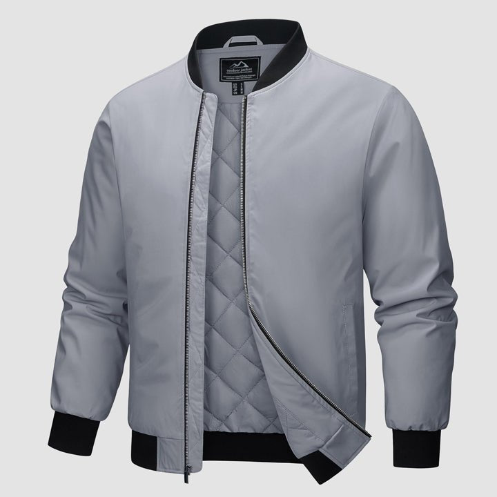 Bomber Jacket Mens Quilted Windproof Zip Up Polyester