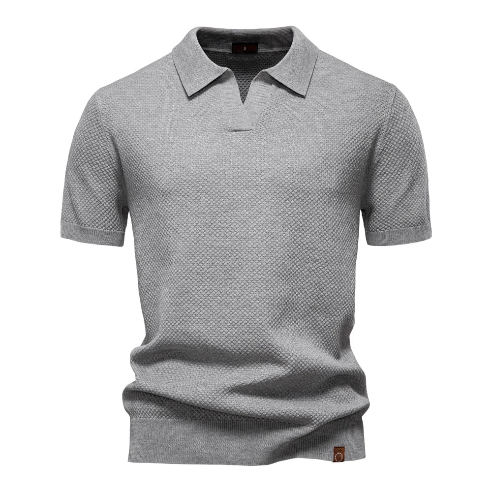 Mens Knit Polo Regular Fit Textured V Slit Collar Cotton