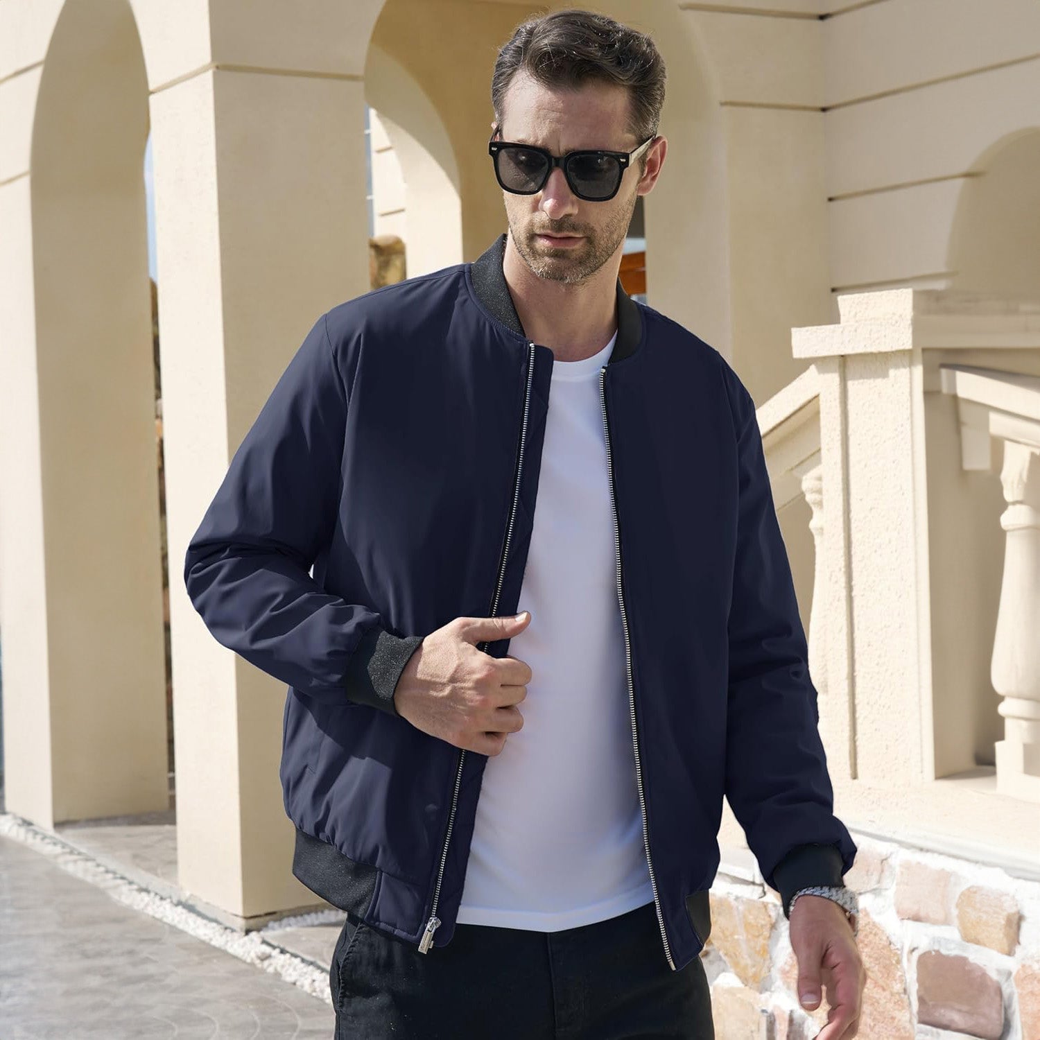 Bomber Jacket Mens Quilted Windproof Zip Up Polyester