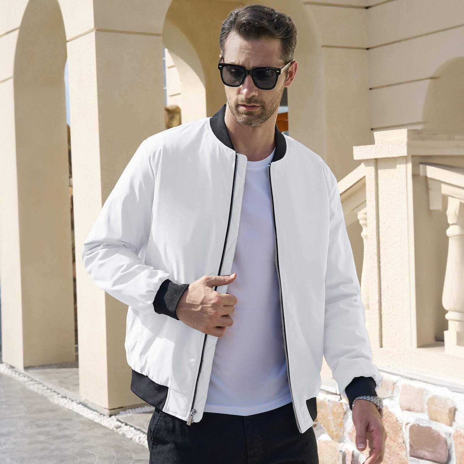 Bomber Jacket Mens Quilted Windproof Zip Up Polyester