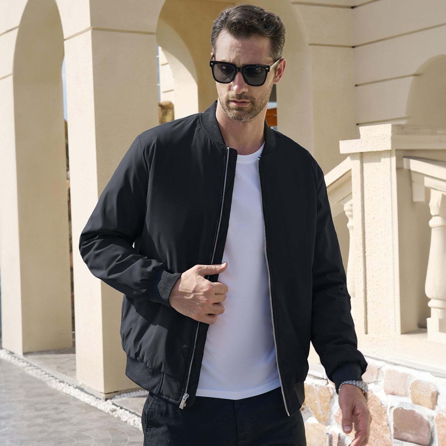 Bomber Jacket Mens Quilted Windproof Zip Up Polyester