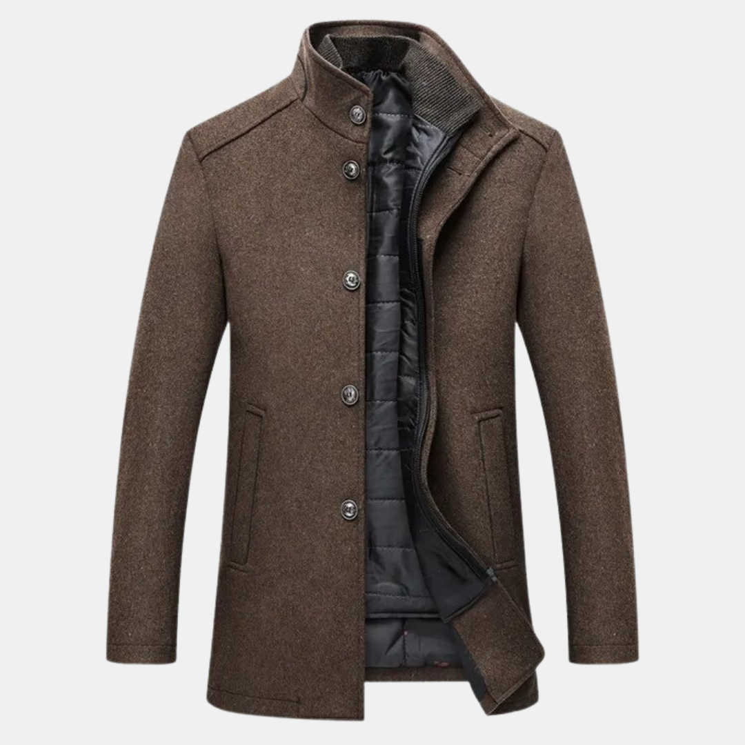 Men Quilted Coat Tailored Fit Stand Collar Lined Wool Blend