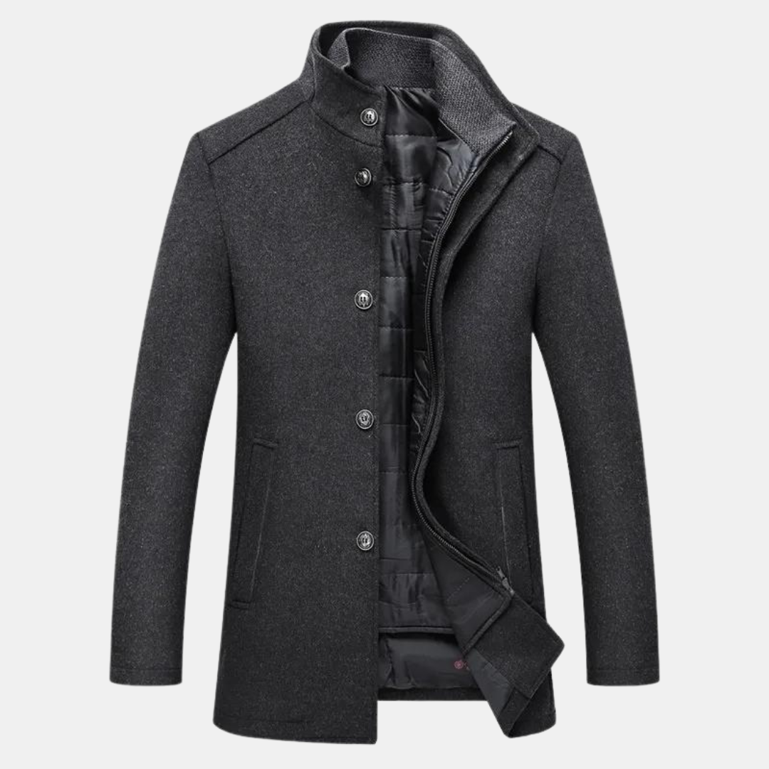 Men Quilted Coat Tailored Fit Stand Collar Lined Wool Blend