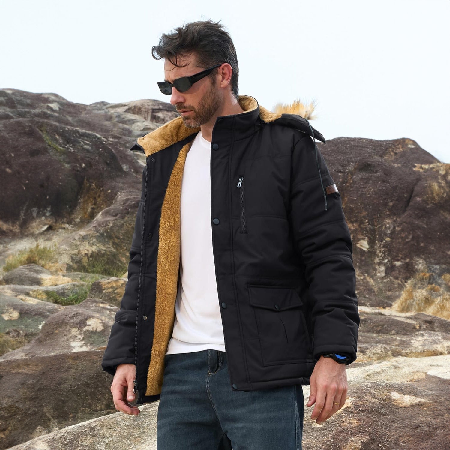 Parka Jacket Men Relaxed Fit Fleece Lined Hooded Warm