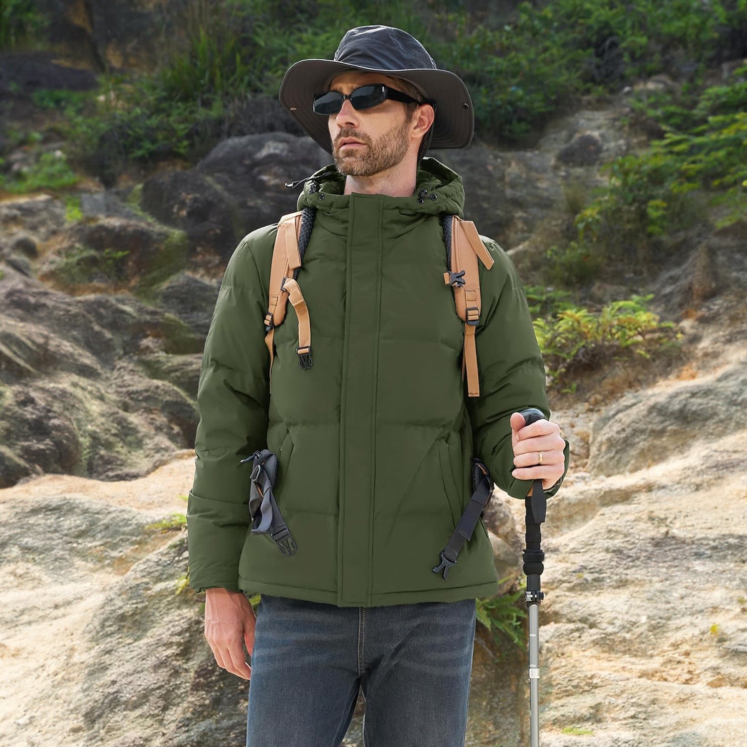 Hooded Puffer Jacket Mens Down Insulated Polyester Shell