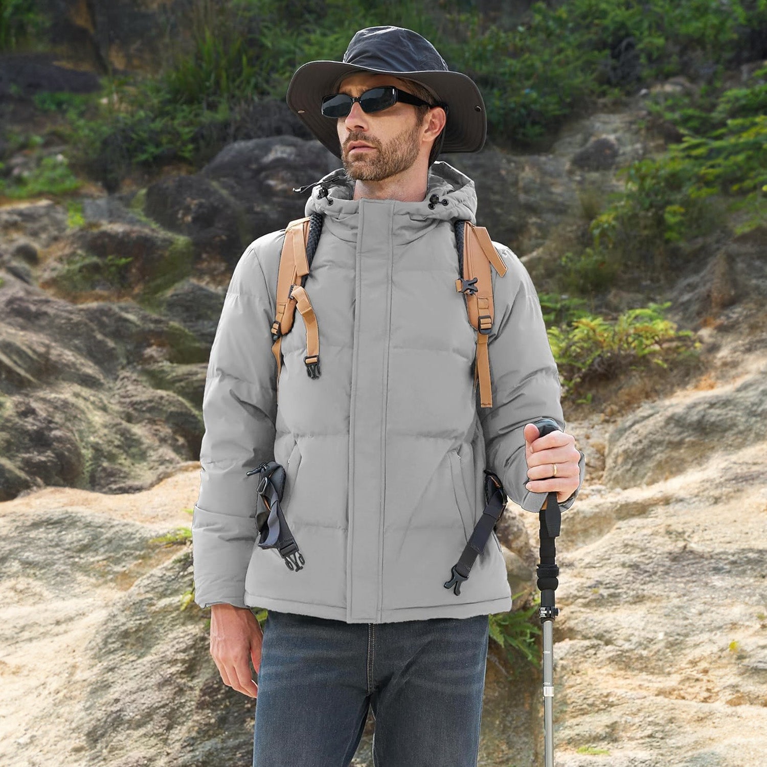 Hooded Puffer Jacket Mens Down Insulated Polyester Shell